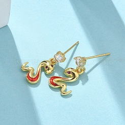 Snake Brass Micro Pave Clear Cubic Zirconin Dangle Stud Earrings&nbsp;EJEW-D318-09G