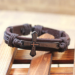 Adjustable Cross with Word Iron Braided Leather Cord Bracelets&nbsp;BJEW-P0001-02A