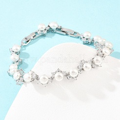 Platinum Tone Brass Micro Pave Cubic Zirconia & Plastic Pearl Tennis Bracelets&nbsp;BJEW-B160-16P