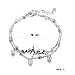 Alloy Heartbeat & Plastic Pearl Bead Tassel Double Layer Anklets for Women&nbsp;FS-WG27204-01