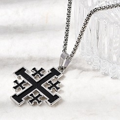 Jerusalem Cross Alloy Enamel Black Pendant 201 Stainless Steel Box Chain Necklaces&nbsp;NJEW-Z109-01P
