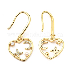 Cubic Zirconia Heart with Star Dangle Earrings with Plastic Pearl Beaded&nbsp;KK-C026-15G