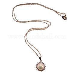 Flower Brass Micro Pave Clear Cubic Zirconia with Natural Freshwater Pearl Pendant Necklace & Stud Earrings & Finger Ring&nbsp;WG8FE37-01