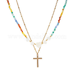Summer Beach Rainbow Natural Stone and Heart Shell Beaded Stainless Steel Chain Double Layer Necklaces&nbsp;GB7102-1