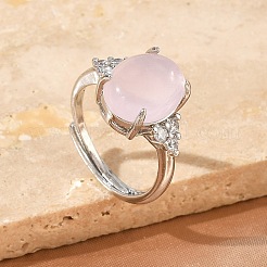 Brass Micro Pave Cubic Zirconia with Natural Rose Quartz Cuff Open Rings&nbsp;RJEW-T035-01P-L