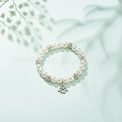 ABS Plastic Imitation Pearl  & Rhinestone Beaded Stretch Bracelet with Alloy Charm for Women&nbsp;BJEW-JB08526-03