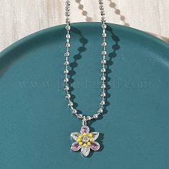Brass Pave Pink and Clear Cubic Zirconia with Enamel Flower Pendant Ball Chain Necklaces&nbsp;NJEW-G183-04P