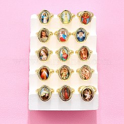 Jesus & Virgin Mary Theme Brass Micro Pave Clear Cubic Zirconia Cuff Rings for Women&nbsp;KK-D343-15G