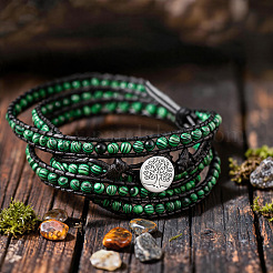 Adjustable Alloy Tree of Life Synthetic Malachite Round Beaded Wrap Bracelets for Women&nbsp;WGFA9D3-01