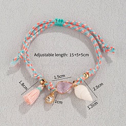 Bohemian Alloy Glass Teardrop and Natural Shell Charm Braided Cotton Cord Anklets for Women&nbsp;FS-WGB863D-01