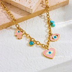 304 Stainless Steel Enamel with Synthetic Turquoise Pink Evil Eye Heart Hamsa Hand Pendant Bib Necklaces for Women&nbsp;FS-WGFA37A-02