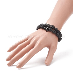 2Pcs 2 Style Natural Lava Rock & Brass Beaded Stretch Bracelets Set&nbsp;BJEW-JB09244-03