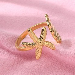 304 Stainless Steel Starfish & Shell Open Cuff Rings for Women&nbsp;X-RJEW-C095-09G