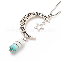 Natural Green White Jade Bullet with Alloy Moon and Star Pendant Necklace&nbsp;NJEW-JN03912-05