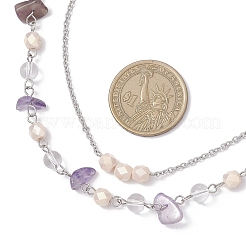 Natural Amethyst Chip & Glass & 304 Stainless Steel Handmade Link Chain Double Layer Necklaces for Women&nbsp;NJEW-JN05363-01