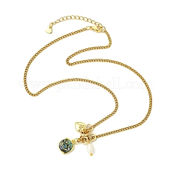 Brass Natural Paua Shell & Pearl Pendant 304 Stainless Steel Curb Chain Necklaces for Women&nbsp;NJEW-JN06258-04