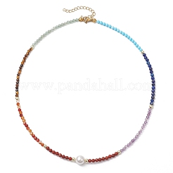 3.5mm Faceted Round Natural Gemstone & Shell Pearl Chakra Beaded Necklaces for Women&nbsp;NJEW-JN05149