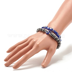 3Pcs 3 Style Synthetic Turquoise(Dyed) & Hematitie Round Beaded Stretch Bracelets Set&nbsp;BJEW-JB07620