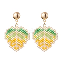 304 Stainless Steel Glass Seed Beads Leaf Dangle Stud Earrings&nbsp;EJEW-MZ00536-02