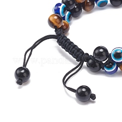 Natural Tiger Eye & Eyeless Obsidian & Resin Evil Eye Braided Bead Bracelet&nbsp;BJEW-JB08840-02