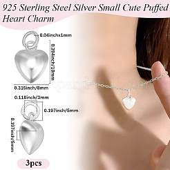 3Pcs 925 Sterling Silver Puffed Heart Charms with Jump Rings&nbsp;STER-BBC0008-09