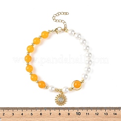 Brass Micro Pave Clear Cubic Zirconia Sun Charm Natural Dyed Malaysia Jade and Shell Pearl Round Beaded Bracelets&nbsp;BJEW-JB14348
