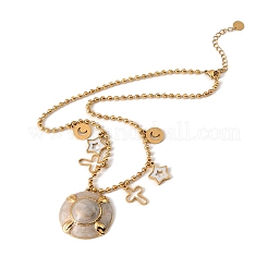 304 Stainless Steel Enamel Flat Round Cross Star Pendant Necklaces for Women&nbsp;NJEW-F380-02G