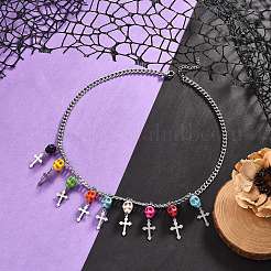 Dyed Synthetic Turquoise Skull with Cross Bib Necklace&nbsp;NJEW-TA00071
