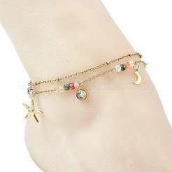 Ocean Faceted Rondelle Electroplate Glass 2-Strand 304 Stainless Steel Starfish Charm Anklets for Women&nbsp;AJEW-AN00793-01
