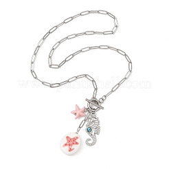 Handmade Porcelain Oval with Starfsih & 304 Stainless Steel Sea Animals Pendant Necklaces with OT Clasps&nbsp;NJEW-JN06563