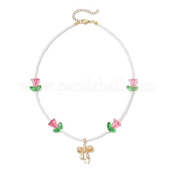 Alloy Bowknot Pendant Tulip Flower Glass Seed Beaded Necklaces for Women&nbsp;NJEW-MZ00148