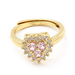 Rack Plating Brass Micro Pave Pink & Crystal Cubic Zirconia Heart Adjustable Rings&nbsp;RJEW-E064-17G