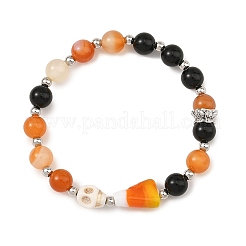 Halloween Handmade Lampwork Candy Corn & Round Natural Carnelian & Dyed Synthetic Turquoise Skull Beaded Stretch Bracelets&nbsp;BJEW-TA00756