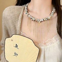 Natural Shell Chip Beaded Alloy Chain Tassel Bib Necklaces for Women&nbsp;WG291D5-01