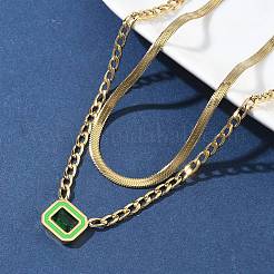 304 Stainless Steel Rhinestone Rectangle Pendant Double Layer Necklaces for Women&nbsp;NJEW-Z070-01G-02