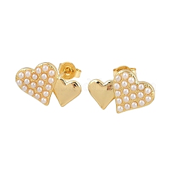 Brass ABS Plastic Pearl Heart Stud Earrings&nbsp;EJEW-L275-14G-02