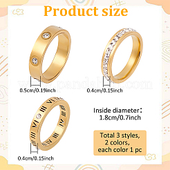 6Pcs 6 Style 201 Stainless Steel Hollow Roman Numerals Finger Ring Set with Rhinestone&nbsp;RJEW-AN0001-21