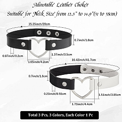 3Pcs 3 Styles Adjustable Gothic Two Tone PU Leather Alloy Heart Choker Necklaces for Women&nbsp;NJEW-CL0007-08