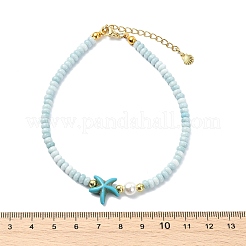 Ocean Dyed Synthetic Turquoise Starfish & Rondelle Glass Beaded Anklets for Women&nbsp;AJEW-AN00806