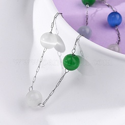 304 Stainless Steel Cat Eye Round Beads Handmade Chain Necklaces for Women&nbsp;NJEW-C073-01P-07