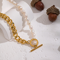304 Stainless Steel Cuban Link Chain Natural Freshwater Pearl Rice Beaded OT Necklaces for Women&nbsp;SU5671