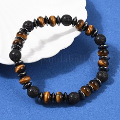 Tiger Eye with Hematite Partition and Lava Beaded Stretch Bracelets for Women Men&nbsp;BJEW-Q031-02A