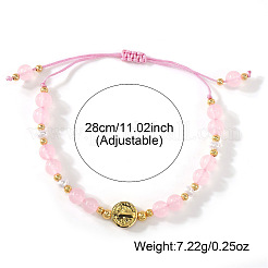 Metal Medals & Natural Rose Quartz Beaded Adjustable Bracelets&nbsp;YO1072
