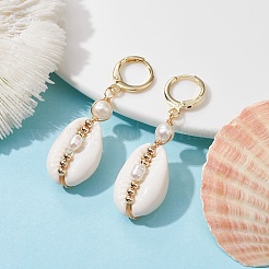 Natural Shell & Pearl Dangle Leverback Earrings&nbsp;EJEW-JE05434