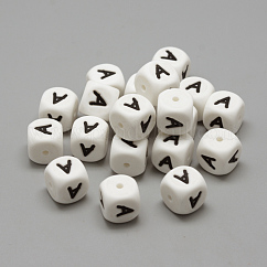 Food Grade Eco-Friendly Silicone Beads, Letter Style, Cube, White, 12x12x12mm, Hole: 2mm