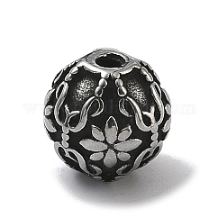 304 Stainless Steel Beads, Round with Flower Pattern, Antique Silver, 9.5mm, Hole: 1.8mm