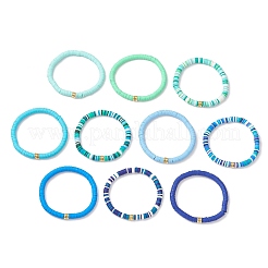 10Pcs 10 Colors Handmade Polymer Clay Heishi & Brass Bead Stretch Bracelets for Women&nbsp;BJEW-MZ00198