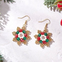 Brass Glass Bead Snowflake Dangle Earrings&nbsp;EJEW-TA00754