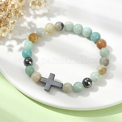 Natural Flower Amazonite & Synthetic Hematite Corss Beaded Stretch Bracelets&nbsp;BJEW-JB09845-02