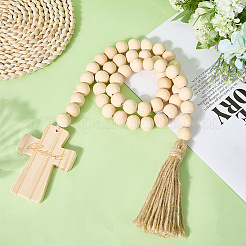Wood Round Beads & Cross Hanging Ornaments&nbsp;AJEW-WH20816-013A